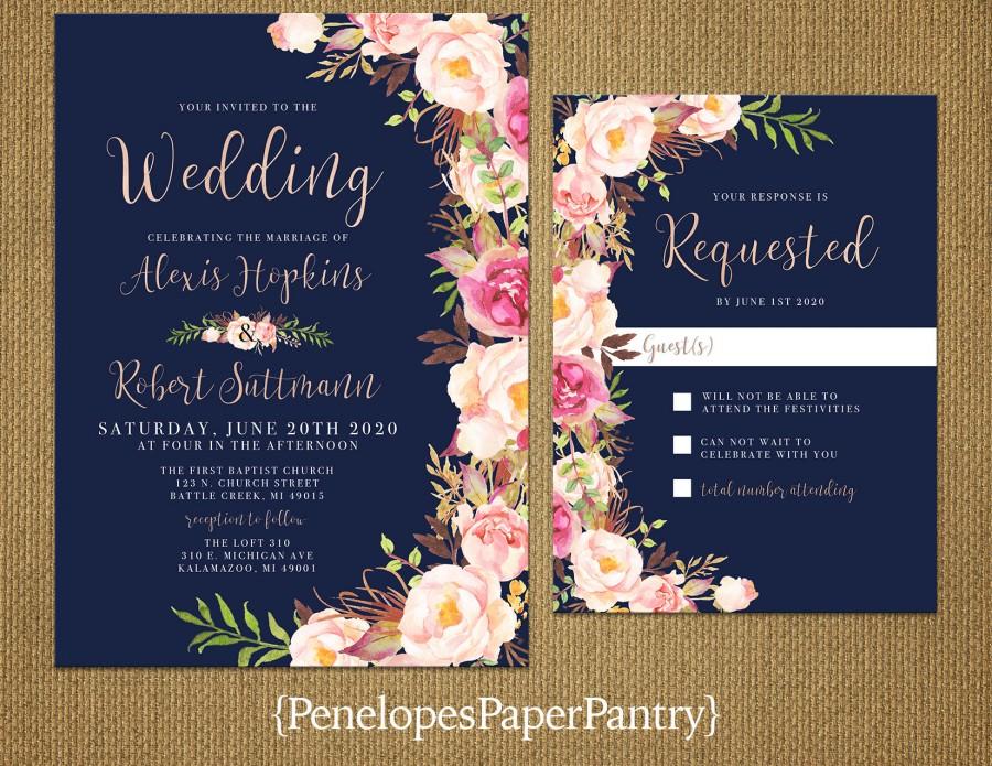 Hochzeit - Romantic Navy Summer Wedding Invitation,Blush,Pink,Roses,Rose Gold,Shimmery,Elegant,Printed Invitation,Wedding Set,Optional RSVP Card