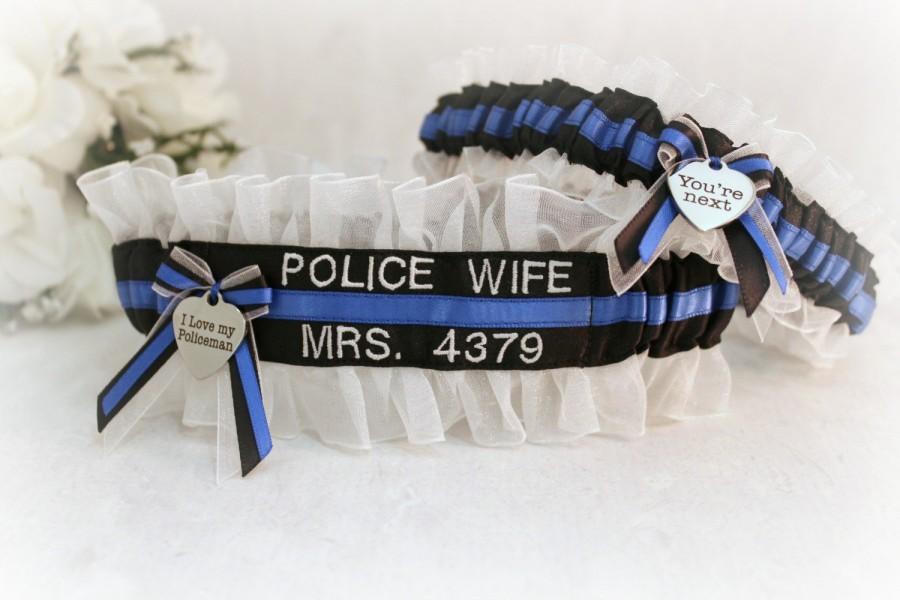 Mariage - Police Badge Number Wedding Garters  - Personalized Police Wedding Garters  - Police Blue Line Bridal Garter Set - Something Blue Garters.