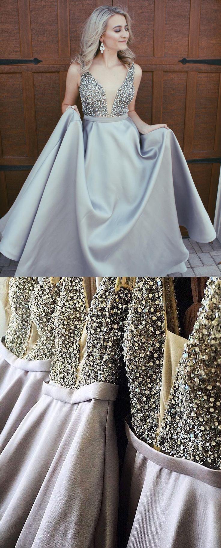 Hochzeit - A-Line V-Neck Sweep Train Grey Satin Prom Dress With Beading Pockets