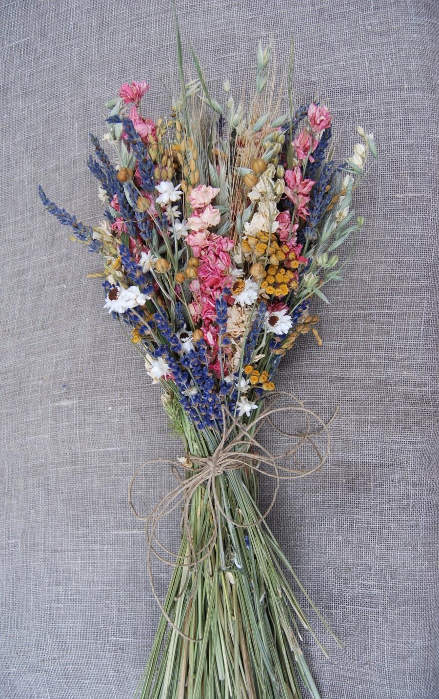Свадьба - Warm Summer Wildflower  Pink and Yellow Wedding  Brides Bouquet of  Lavender Larkspur Dried Flowers