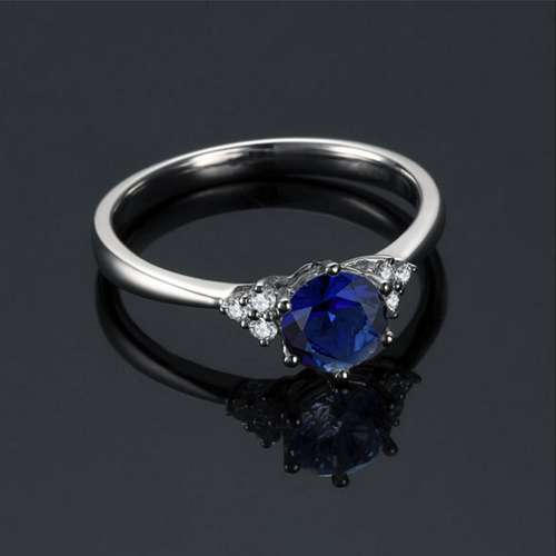 Mariage - Round Cut Blue Sapphire Engagement Ring 14k White Gold Art Deco Natural Blue Sapphire Ring September Birthstone Anniversary Ring