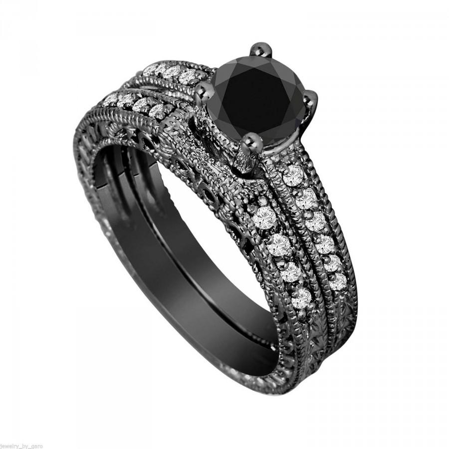 زفاف - Black Diamonds Engagement Ring Set, Vintage Engagement Ring Sets, Wedding Anniversary Sets, 1.32 Carat 14K Black Gold Certified Handmade