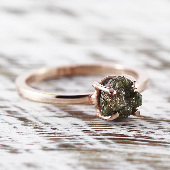 Hochzeit - Rose Gold Ring Engagement Ring Green Diamond Ring Uncut Diamond Ring Rose Gold Wedding Ring Rose Gold Rings Raw Green Diamond Gold Ring