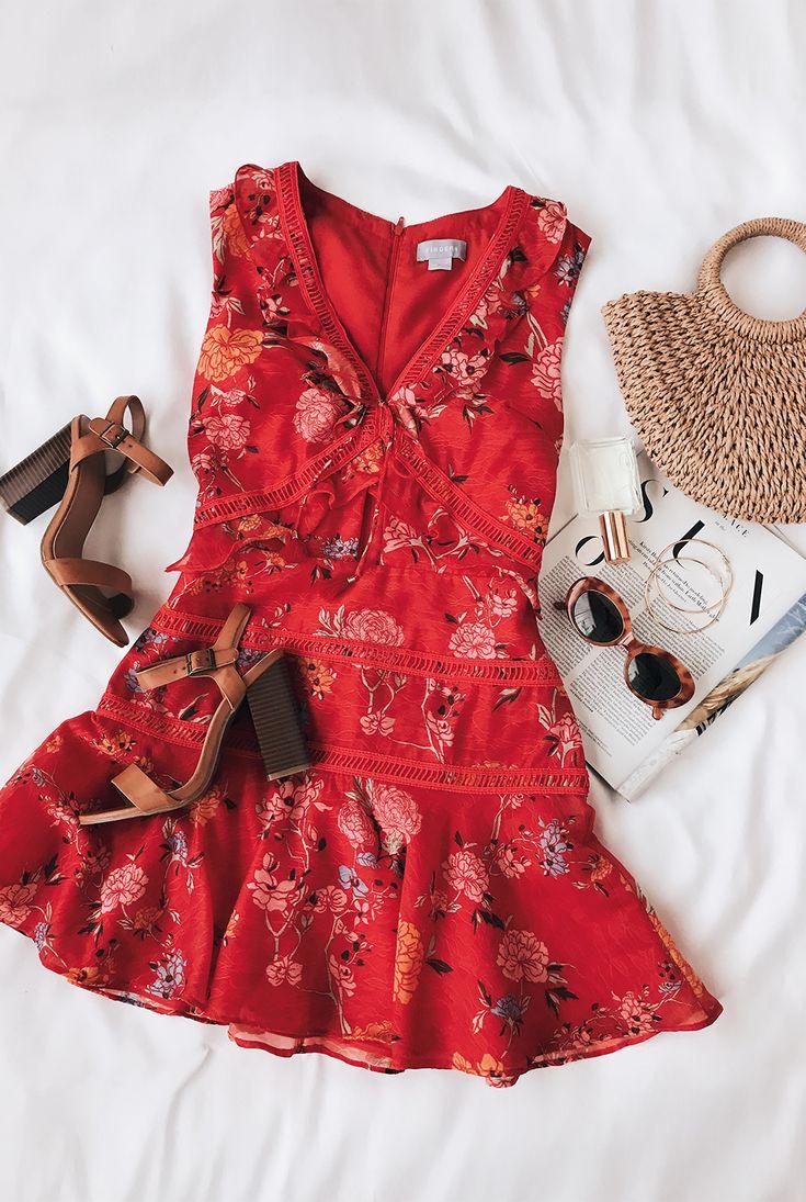 زفاف - Flicker Coral Red Floral Print Sleeveless Mini Dress