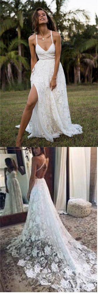زفاف - Charming Lace Long A-line Spaghetti Straps Ivory V-Neck Beach Wedding Dress UK PH416