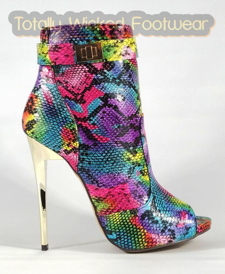 Hochzeit - Aramarys Pink Rainbow Snake Ankle Boots - 4.75" Heels