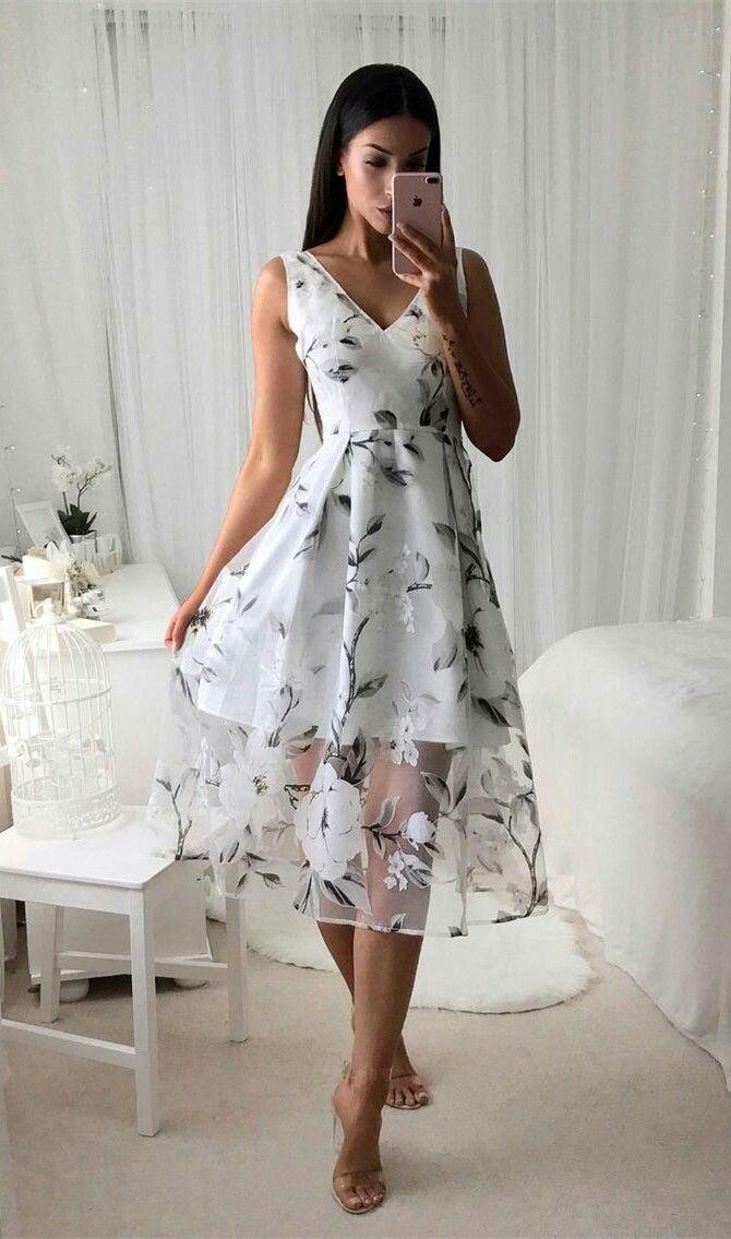 زفاف - A-Line V-Neck Tea-Length Print Sleeveless Grey Chiffon Homecoming Dress