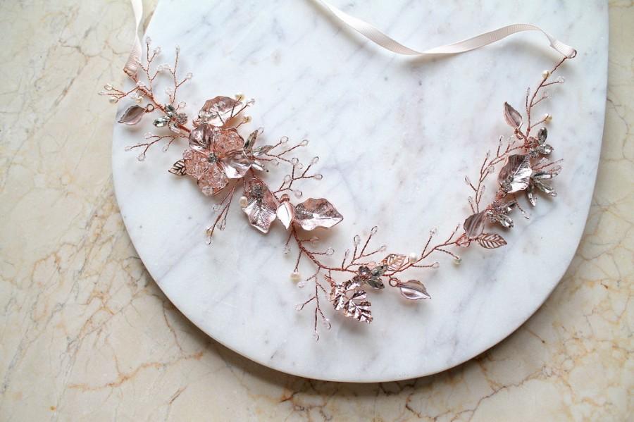 زفاف - Rose gold Leaf Vine Bridal Sash. Blush Boho Delicate Crystal Wedding Dress Belt. Rhinestone Pearl Pink Floral Belt. BEA