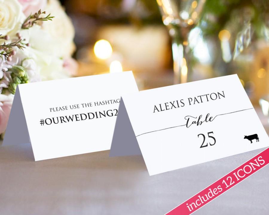 Wedding - Double Sided Place Card with Meal Icons Template, Hashtag Place Card, DIY Place Card Food Icon, Seating Card Menu Icons Escort Cards