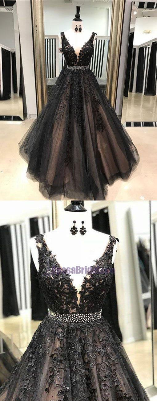 زفاف - Black V Neck Lace Appliques A-Line Popular Modest Prom Dresses, Formal Prom Dress, PD0676