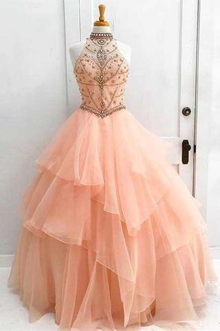 Hochzeit - Charming High Neck Ruffle Beading Ball Gown Long Formal Prom Dress OK629