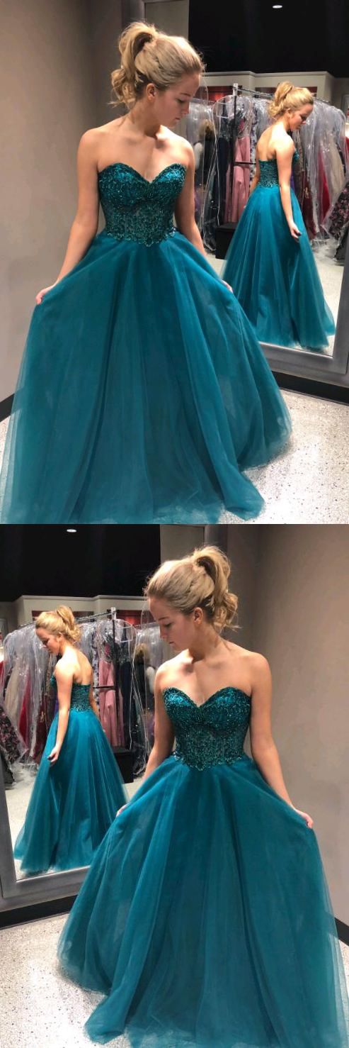 زفاف - Sweetheart Beading A-Line Long Blue Tulle Cheap Prom Dresses OK957