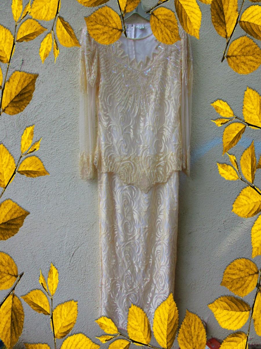 Wedding - Lace Wedding Dress // Champagne Chantilly // Beaded Sequins // Vintage 90s // Hand Embroidered Gown // Size L (Large)
