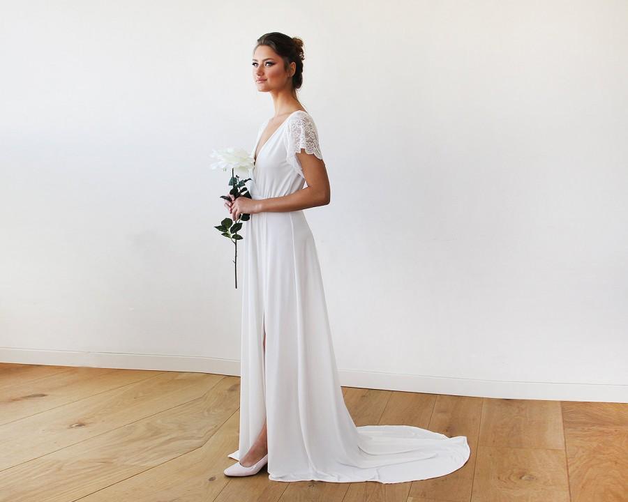 زفاف - St Patrick Day Sale Ivory Wrap Wedding Gown With Short Lace Sleeves And Train 1163