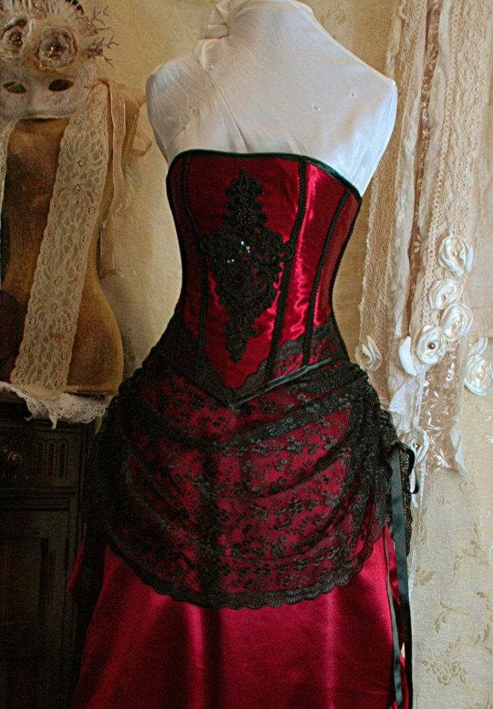 Hochzeit - STANDARD SIZE Cassandra - burgundy and black Bridal gown with steel boned corset
