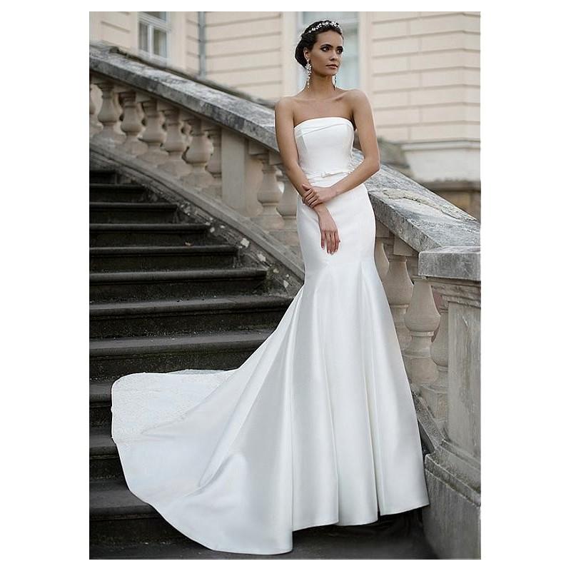 Wedding - Modest Satin Strapless Neckline Mermaid Wedding Dresses With Lace Appliques - overpinks.com