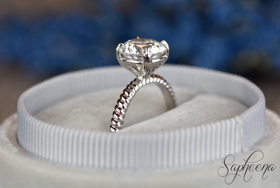 Wedding - Moissanite Engagement Ring in 14k White Gold, Moissanite Solitaire Wedding Ring,Moissanite Cable Ring, Moissanite Bridal Ring by Sapheena