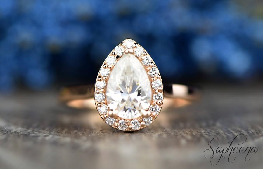 Свадьба - Pear Cut Halo Moissanite Engagement Ring in 14k Rose Gold, 9x6mm Pear Cut Diamond Wedding Ring, Anniversary Ring, Promise Ring by Sapheena