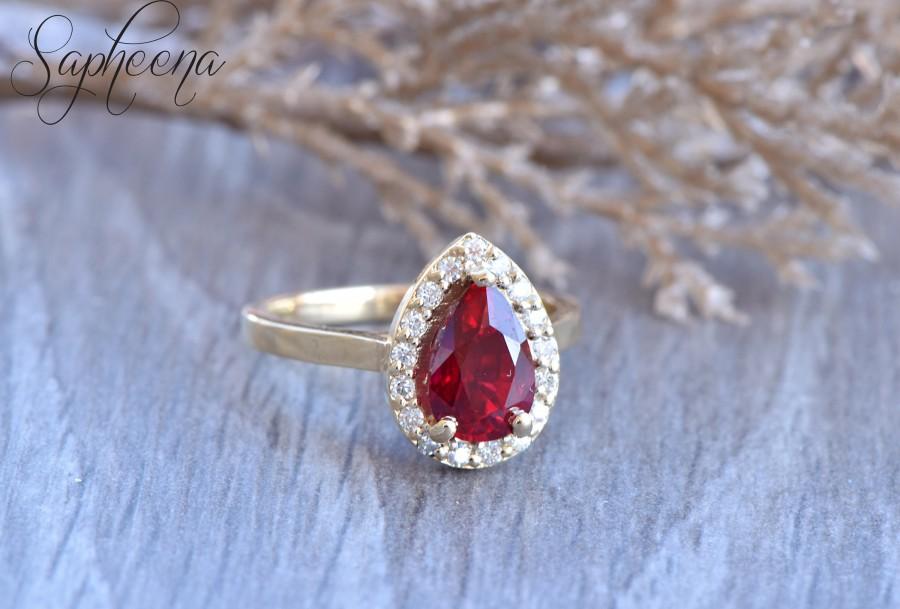 Свадьба - Red Ruby Pear Engagement Ring in 14k Yellow Gold, 9x6mm Pear Cut, July Birthstone Ring, Moissanite Bridal Ring,Ruby Diamond Ring by Sapheena