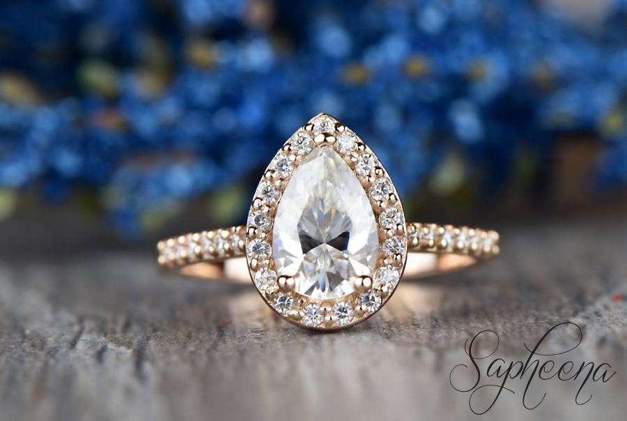 Wedding - Pear Halo Moissanite Engagement Ring in 14k Rose Gold, 9x6mm Pear Cut Moissanite Wedding Ring, Moissanite Diamond Bridal Ring by Sapheena