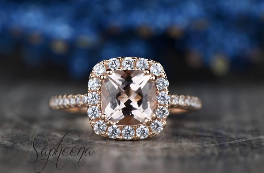 Hochzeit - Brilliant Morganite Cushion Halo Engagement Ring in 14k Rose Gold, 7x7mm Cushion Gemstone Wedding Ring,Diamond Bridal Ring by Sapheena