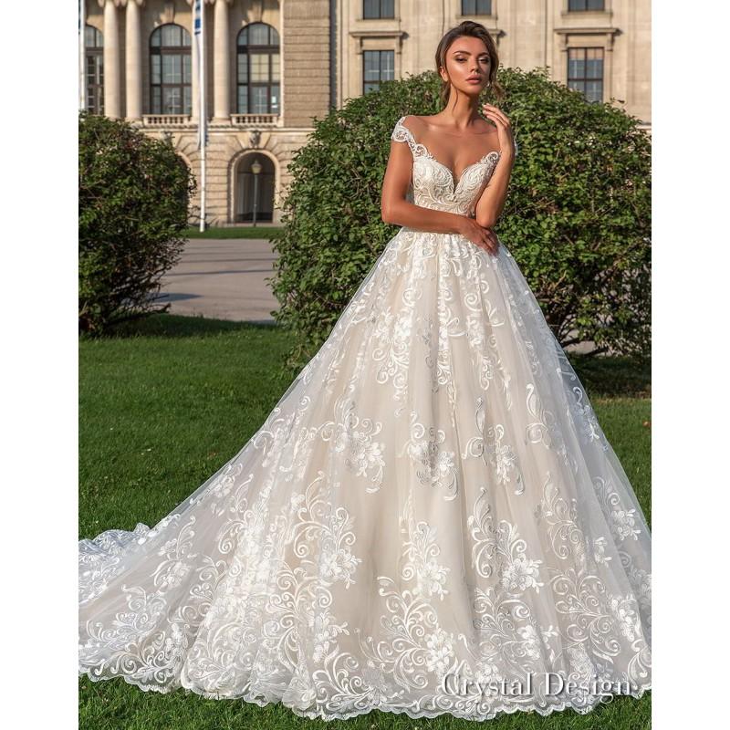 Mariage - Crystal Design 2018 Steffani Cream Chapel Train Sweet Illusion Ball Gown Cap Sleeves Lace Covered Button Beading Dress For Bride - Charming Wedding Party Dresses