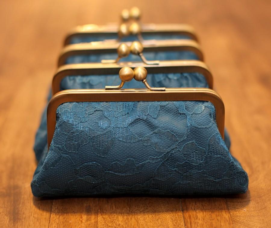 Wedding - SALE - Teal Blue Personalized Bridesmaids Gifts - Lace Clutches - Originally 42.00