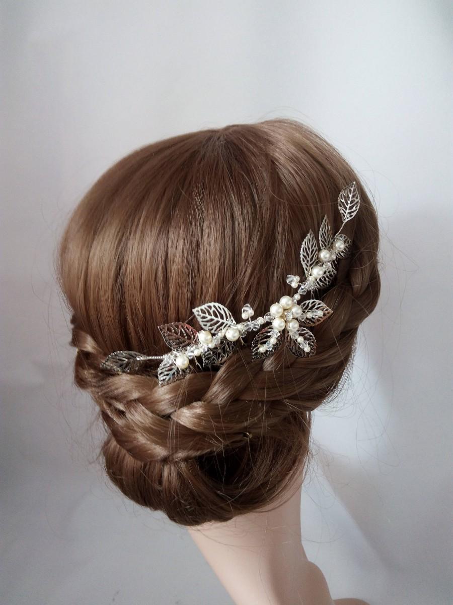 زفاف - Leaf Hair Piece, Leaf hair Comb, Bridal Hair Comb Silver Leaf Head Piece Wedding Hairpiece, Wedding Headpiece Pearl Bridal Hair Piece Leaves
