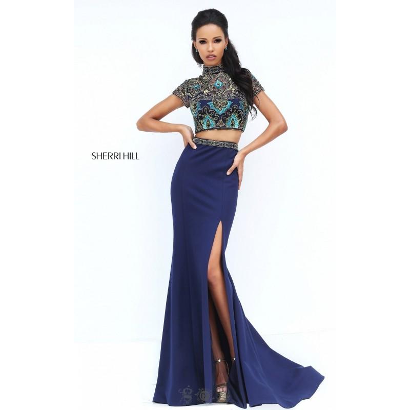 Mariage - Navy Sherri Hill 50540 - Cap Sleeves High Slit Jersey Knit Open Back Dress - Customize Your Prom Dress