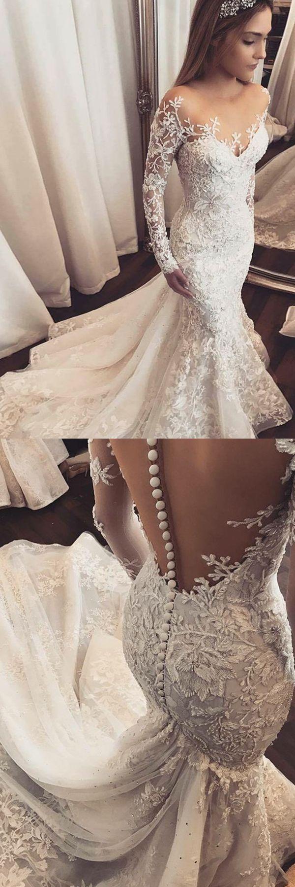 زفاف - Mermaid Illusion Bateau Long Sleeves Tulle Wedding Dress With Appliques