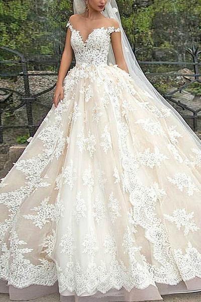 Hochzeit - Stunning V-Neck Cap Sleeves Ball Gown Floor Length Wedding Dress TN0050