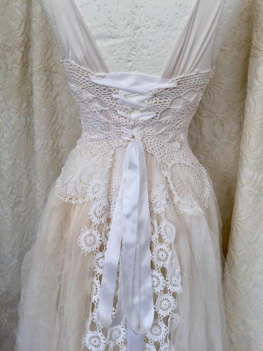 Hochzeit - Wedding dress steampunk,boho wedding dress white crochet,bridal gown airy tulle,antique laces,victorian wedding dress tattered,fairy wedding