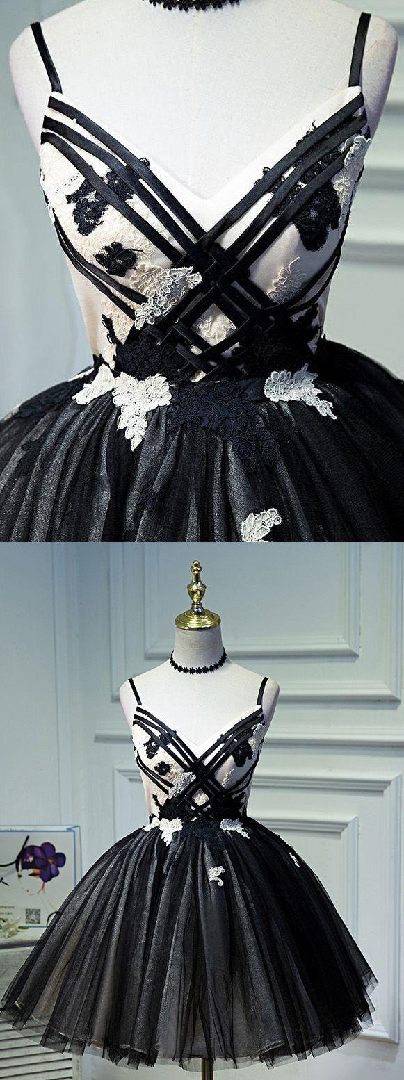 زفاف - A-line Party Dresses, Black Party Dresses, Short Prom Dresses With Pleated Spaghetti Strap V-Neck WF02G49-161