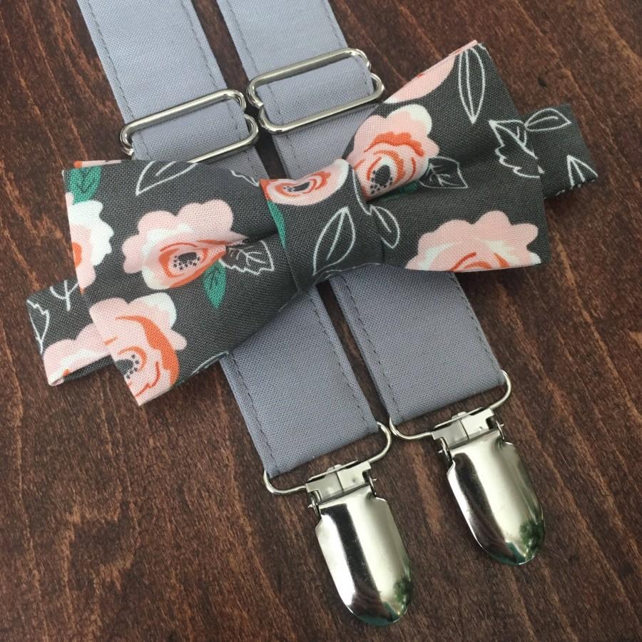 Wedding - Gray and blush floral Bow Tie and Suspender Set for men, boys, toddlers, and babies. Sent 1-3 business days after you order