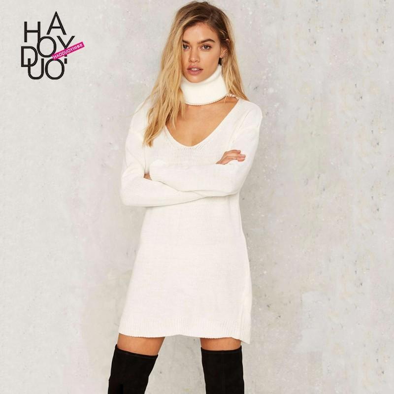 Hochzeit - Vogue Hollow Out High Neck Drop Shoulder One Color Fall Dress Sweater - Bonny YZOZO Boutique Store