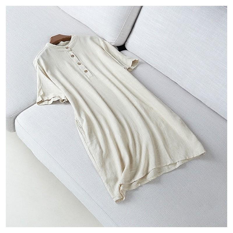 Hochzeit - Oversized High Neck Short Sleeves Ramie One Color Summer Dress Midi Dress - Discount Fashion in beenono