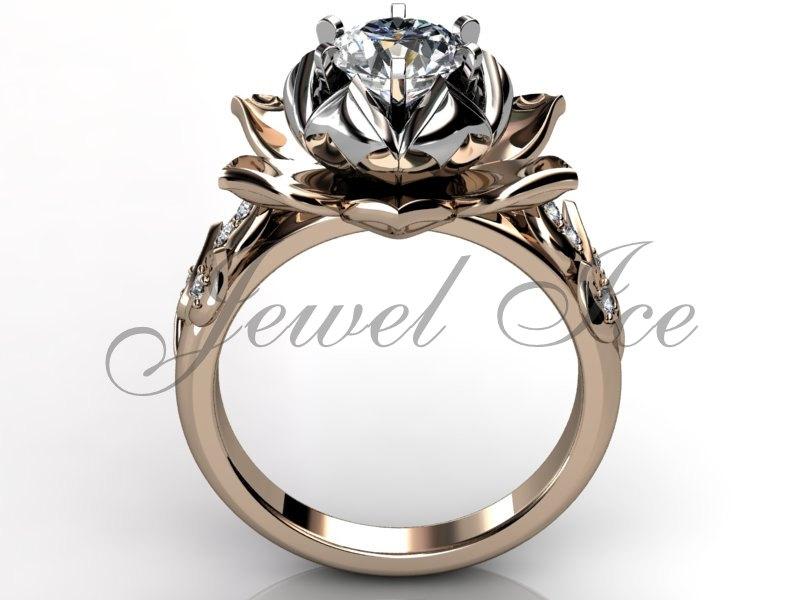 Hochzeit - Lotus Flower Engagement Ring - 14k Rose and White Gold Diamond Unique Lotus Flower Engagement Ring, Lotus Flower Wedding Ring ER-1076-6