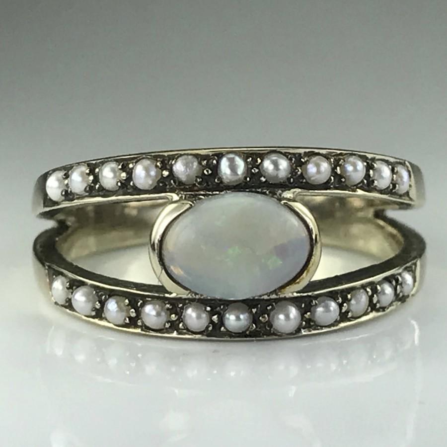 زفاف - Vintage Opal and Seed Pearl Ring. 9K Yellow Gold Split Shank Setting. Unique Engagement Ring. October Birthstone. 14th Anniversary. Estate