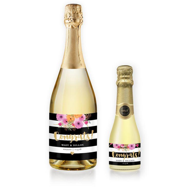 Hochzeit - "Mady" Floral   Black Stripe Engagement Champagne Labels