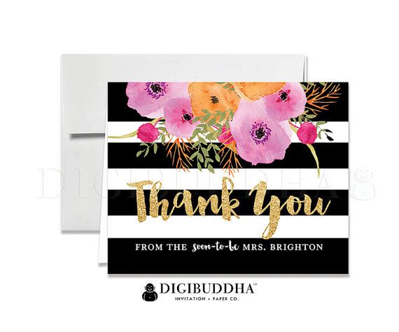 Свадьба - BRIDAL THANK YOU Cards Folded Thank You Bridal Shower Bridal Stationery Black Stripe Gold Glitter Engagement Printed Thanks Notecard - Mady