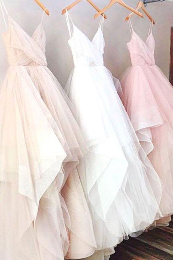 زفاف - Pink/White Spaghetti Straps Sleeveless Asymmetry Tulle Prom Dress