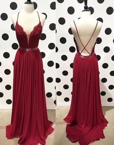 زفاف - Burgundy Lace Backless Long Prom Dress, Lace Evening Dress
