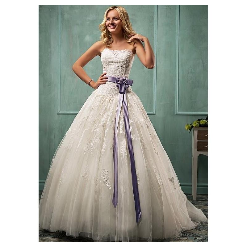 Wedding - Elegant Tulle Strapless Neckline Basque Waistline Ball Gown Wedding Dress With Lace Appliques - overpinks.com