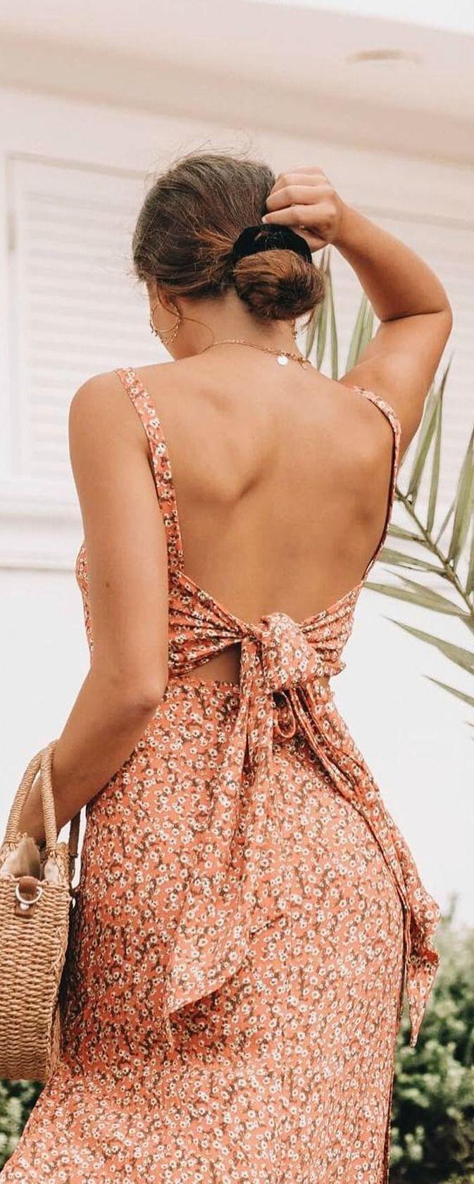 Wedding - Katergo Coral Pink Floral Print Backless Midi Dress