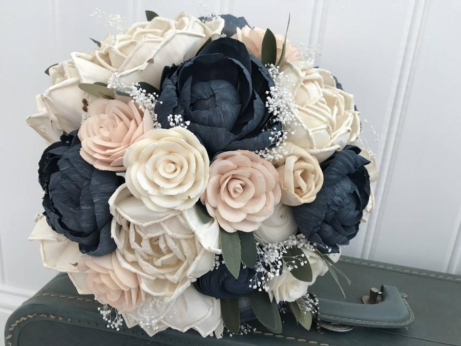 Hochzeit - Sola flower bouquet, blush sola wooden flower wedding bouquet, blush pink and navy, peony wedding bouquet, keepsake, blush pink ecoflowers
