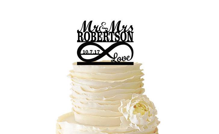 Hochzeit - Infinity Symbol With Love - Mr and Mrs - Personalized With Name and Date -  Acrylic or Baltic Birch Wedding/Special Event Cake Topper - 104