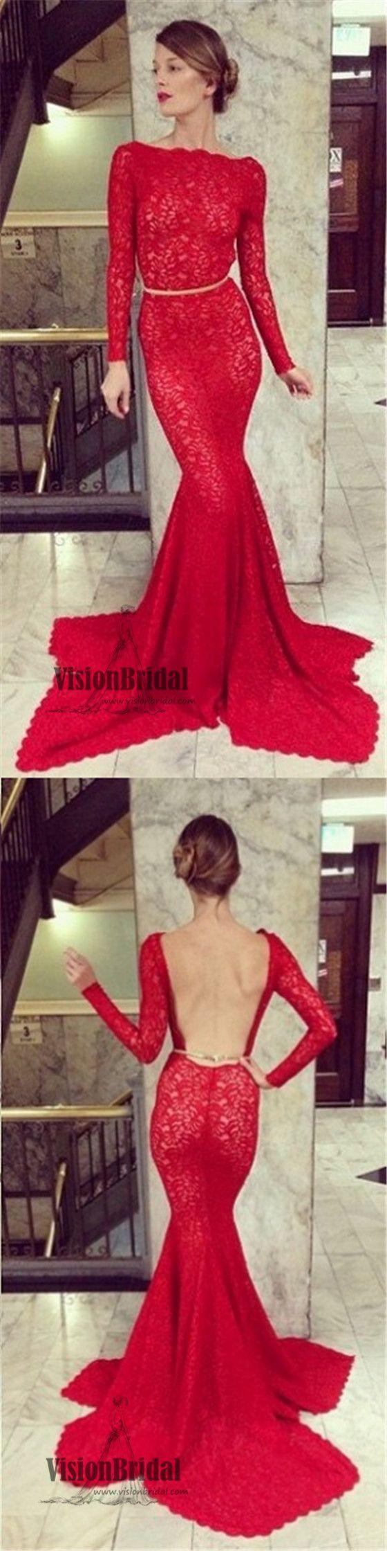 Wedding - Red Long Sleeves Lace Mermaid Prom Dress, Open Back Prom Dress With Golden Band, Prom Dress, VB0214