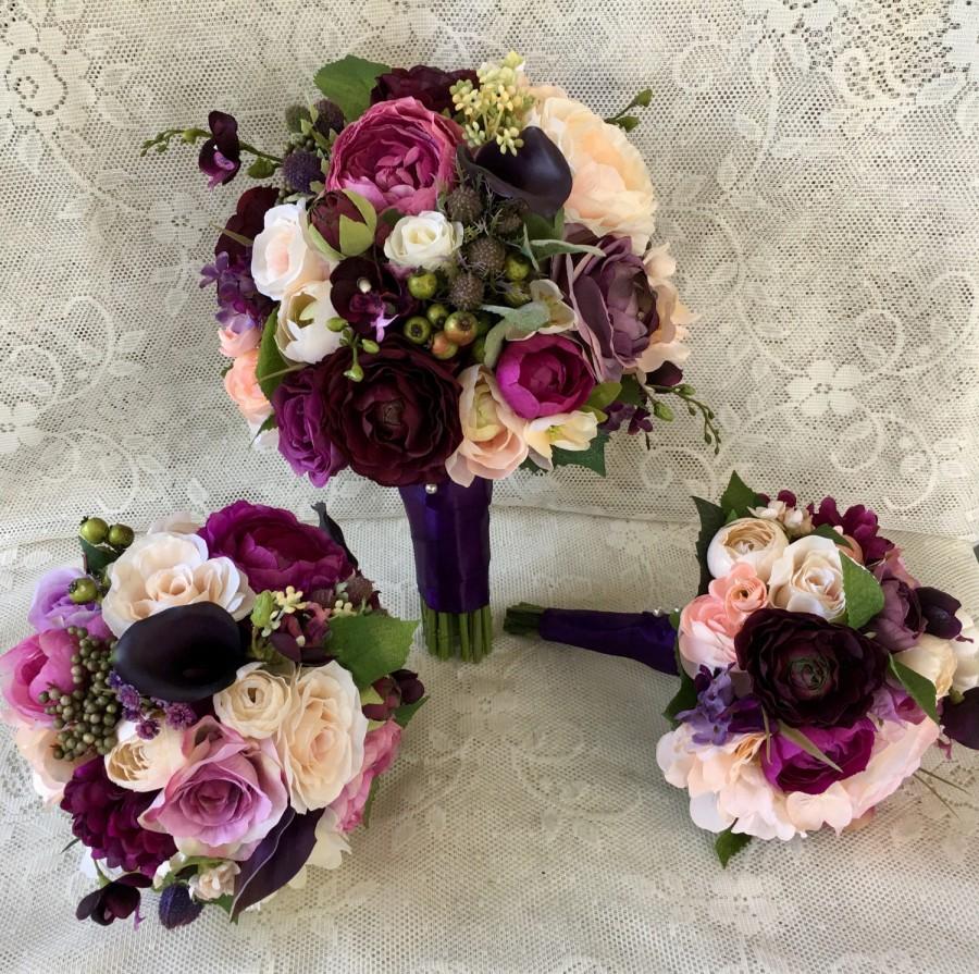 Hochzeit - Wedding bouquet,plum purple bridal bouquet,silk wedding flowers,purple bridal flowers,wedding accessory,blush bridal bouquet,vintage wedding