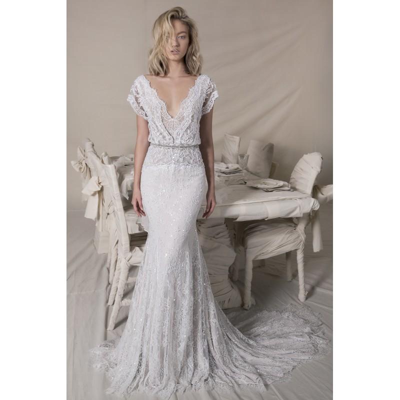 Wedding - Lihi Hod Fall/Winter 2018 Alexandra Vintage Beading Lace Chapel Train Ivory Sheath Fall V-Neck Butterfly Sleeves Wedding Dress - Crazy Sale Bridal Dresses