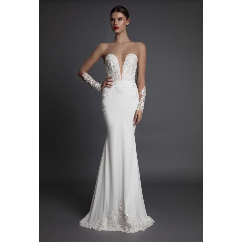 Wedding - Muse by Berta Fall/Winter 2017 ALECIA Silk Appliques Ivory Chapel Train Open Back Illusion Fit & Flare Dress For Bride - Crazy Sale Bridal Dresses